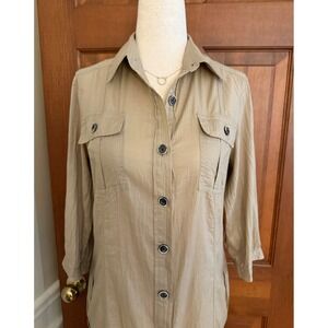 Banana Republic Crinkle Shirt Dress Womens 0 Beige Semi-Sheer Italian Cotton‎